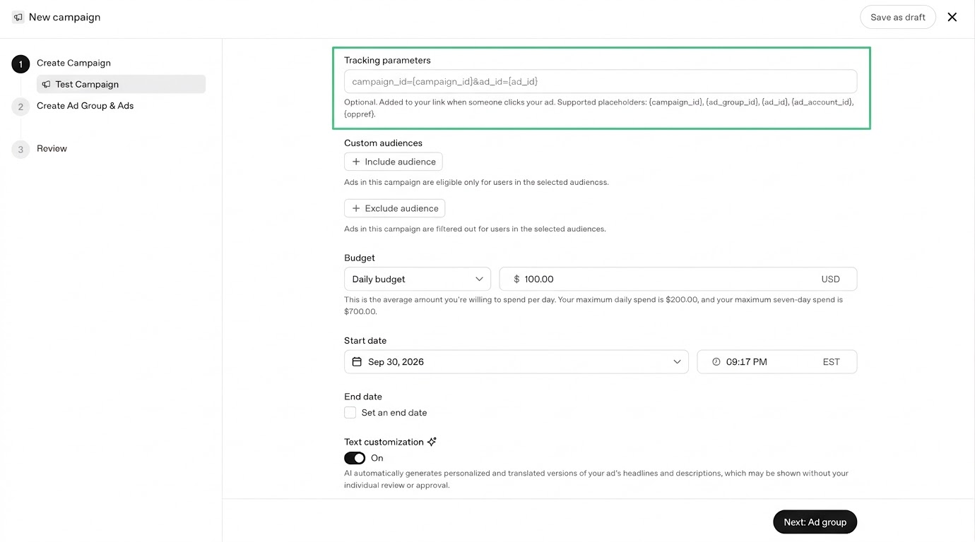 New campaign setup in OpenAI Ads Manager with the campaign-level Tracking parameters field highlighted