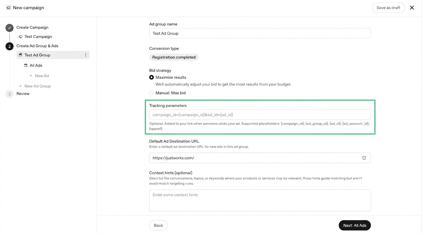 Ad group setup in OpenAI Ads Manager with the ad-group-level Tracking parameters field highlighted