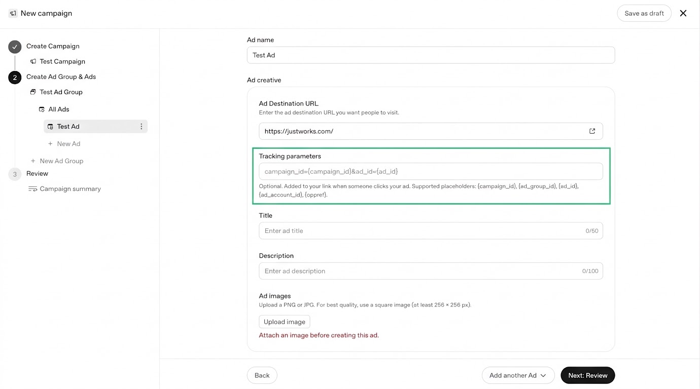 Ad setup in OpenAI Ads Manager with the ad-level Tracking parameters field highlighted