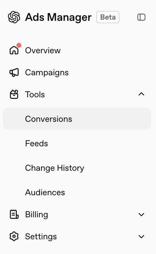 OpenAI Ads Manager left menu with Tools expanded and Conversions selected