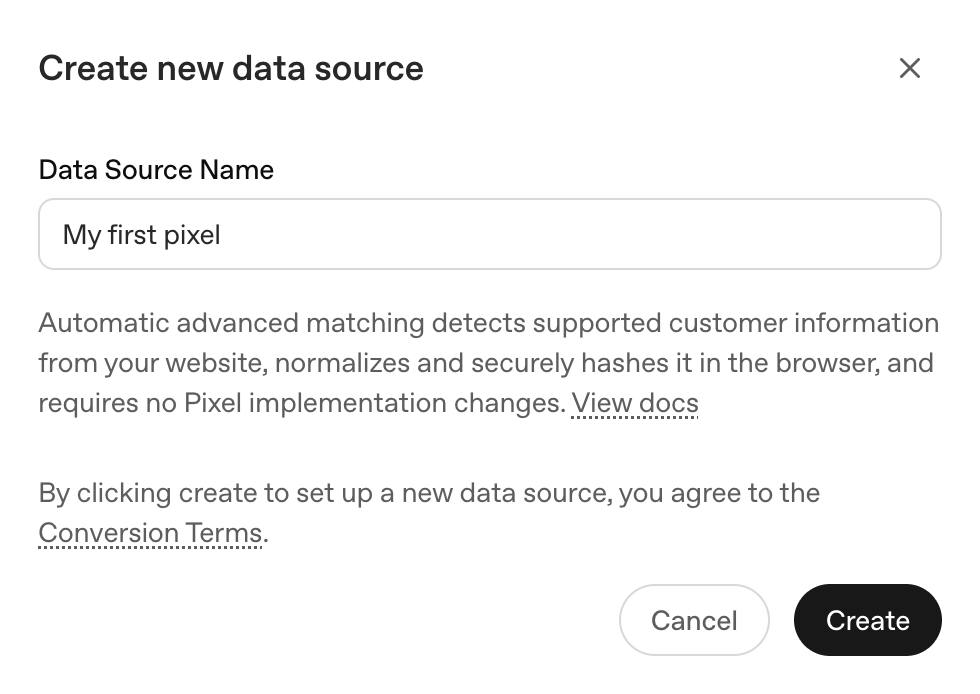 Create new data source dialog with a Data Source Name field and a Create button