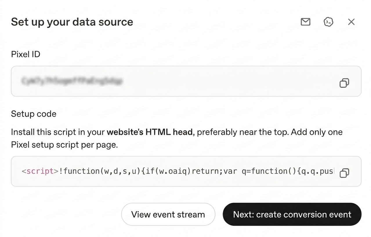 Set up your data source dialog showing the Pixel ID, the setup code script, and email and Codex icons
